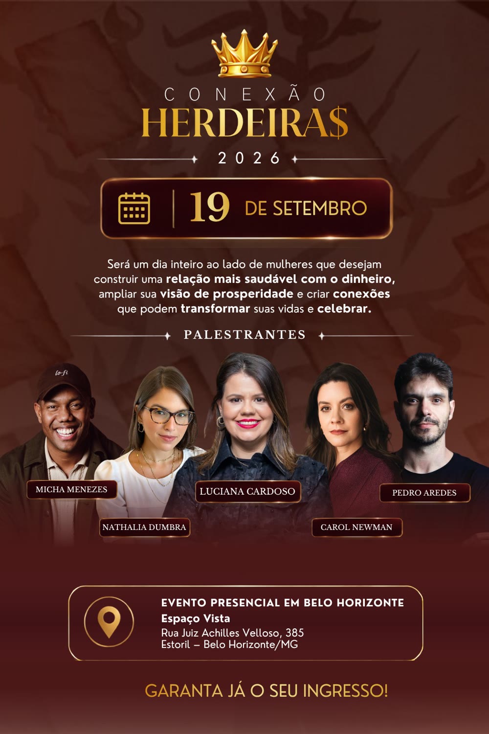 Conexão Herdeira$ 2026 em 19 de setembro, evento presencial em Belo Horizonte com Luciana Cardoso, Micha Menezes, Nathalia Dumbra, Carol Newman e Pedro Aredes